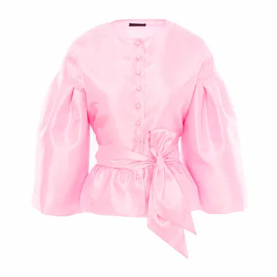 Concept A Trois Women's Pink / Purple Pale Pink Taffeta Top With Puff Sleeves And Drawstring