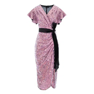 Concept A Trois Women's Pink / Purple / Rose Gold Midi Wrap Sequins Dress- Pouder Pink In Pink/purple/rose Gold