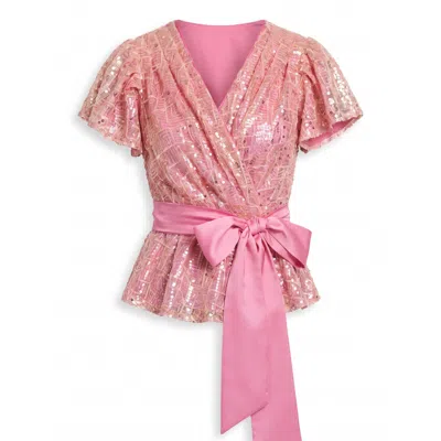 Concept A Trois Women's Pink Sequin Wrap Top With Satin Tie