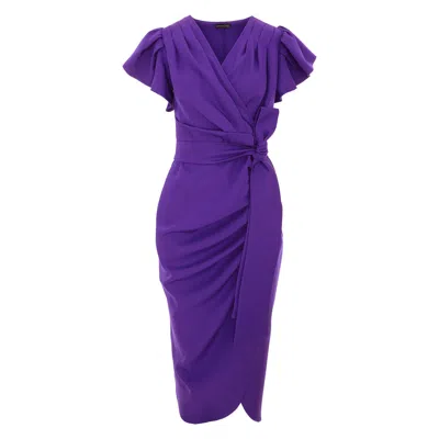 Concept A Trois Women's Purple Ultra Violet Wrap Cocktail Dress With Wing Sleeves & Ruffles