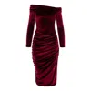 Concept A Trois Women's Red Midi Bodycon Elastic Dress With Bare Shoulders - Bordeaux Velvet In Red