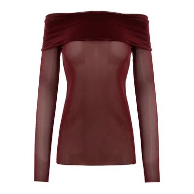 Concept A Trois Women's Red Off Shoulder Bordeaux Tulle Blouse