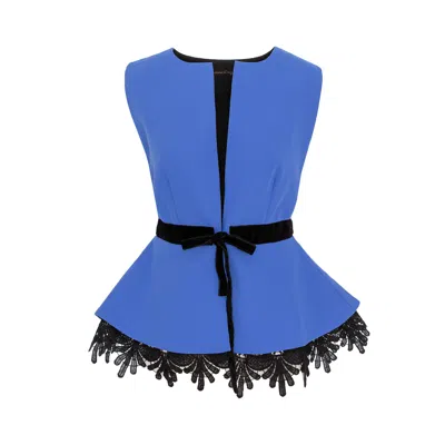 Concept A Trois Women's Royal Blue Vest, Fitted With Peplum And Lace Details