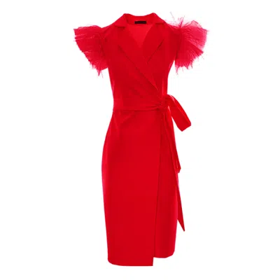 Concept A Trois Women's Short Red Wrap Blazer Dress With Winged Tulle Sleeves