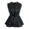 Concept A Trois Women's Short Vest With Sequins And Cord At The Waist - Black In Black