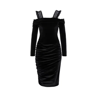 Concept A Trois Women's Velvet Bodycon Dress With Lace Details On The Shoulders - Black