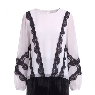 Concept A Trois Women's White / Black White Blouse With Hand-applied Black Lace In Multi