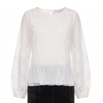 Concept A Trois Women's White Blouse With Tulle Sleeves And Tone-on-tone Lace