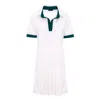 Concept A Trois Women's White / Green White Short Pleated Dress With Shirt Collar With Dark Green Contrast Details In White/green