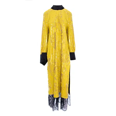 Concept A Trois Women's Yellow / Orange Oversized Yellow Sequin Dress With Asymmetric Long Sleeves, Side Slit, Taffe In Yellow/orange