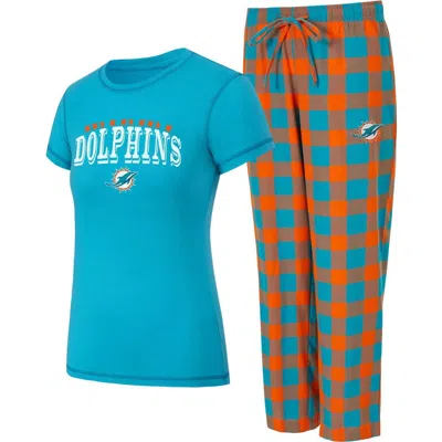 Concepts Sport Aqua/orange Miami Dolphins Avondale T-shirt & Pants Flannel Pj Set In Blue