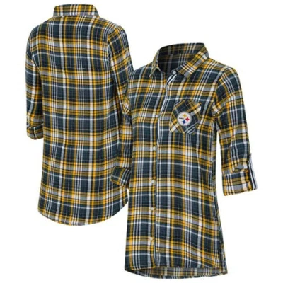 Concepts Sport Black Pittsburgh Steelers Laney Plaid Tri-blend Full-button Nightshirt In Blue