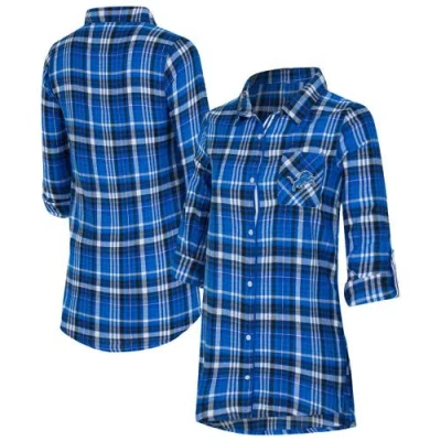 Concepts Sport Blue Detroit Lions Laney Plaid Tri-blend Full-button Nightshirt
