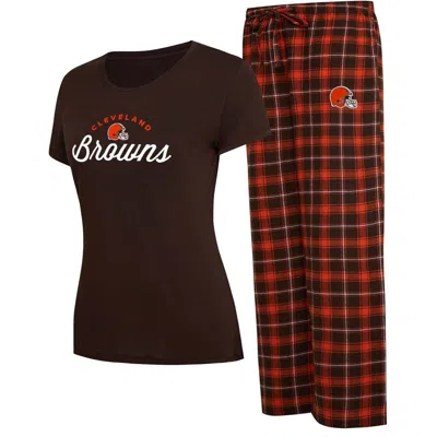 Concepts Sport Brown/orange Cleveland Browns Arctic T-shirt & Flannel Pants Sleep Set In Black