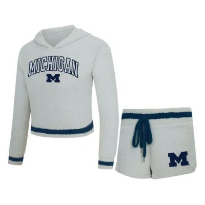 Concepts Sport Gray/navy Michigan Wolverines Whitley Long Sleeve Hoodie Top & Shorts Set In White