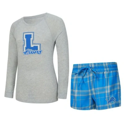 Concepts Sport Heather Gray/blue Detroit Lions Regulate Plaid Long-sleeve T-shirt & Shorts Sleep Se