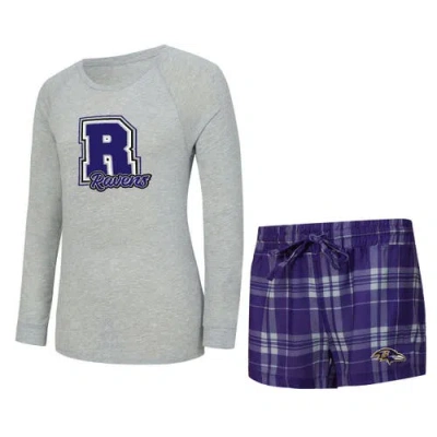 Concepts Sport Heather Gray/purple Baltimore Ravens Regulate Plaid Long-sleeve T-shirt & Shorts Slee