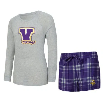 Concepts Sport Heather Gray/purple Minnesota Vikings Regulate Plaid Long-sleeve T-shirt & Shorts Sl In Multi