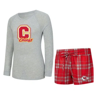 Concepts Sport Heather Gray/red Kansas City Chiefs Regulate Plaid Long-sleeve T-shirt & Shorts Slee
