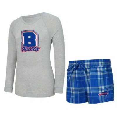 Concepts Sport Heather Gray/royal Buffalo Bills Regulate Plaid Long-sleeve T-shirt & Shorts Sleep S
