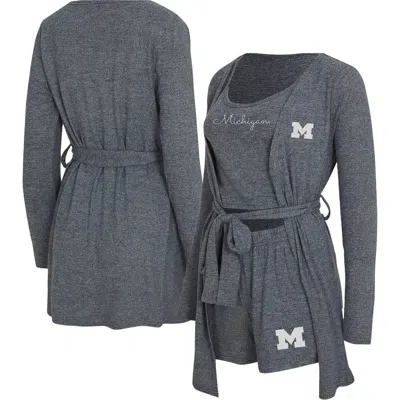 Concepts Sport Heather Navy Michigan Wolverines Rigor Three-piece Tank, Short & Robe Set In Gray
