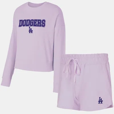 Concepts Sport Women'sâ 3-piece Lavender Los Angeles Dodgers Elevation Tri-blend Long Sleeve T-shirt And Shorts Set In Purple