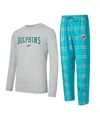 Concepts Sport Men's 2-piece Aqua/gray Miami Dolphins Regulate Long Sleeve T-shirt And Plaid Pant Set In Gray