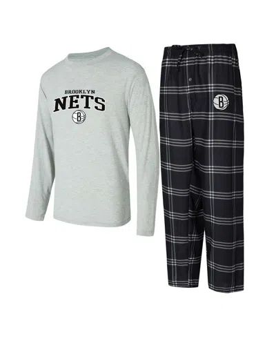 Concepts Sport Men's 2-piece Black/gray Brooklyn Nets Petition Long Sleeve Top And Plaid Pant Set In Multi