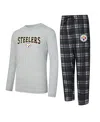 Concepts Sport Men's 2-piece Black/gray Pittsburgh Steelers Regulate Long Sleeve T-shirt And Plaid Pant Set In Gray