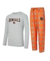 Concepts Sport Men's 2-piece Orange/gray Cincinnati Bengals Regulate Long Sleeve T-shirt And Plaid Pant Set In Gray