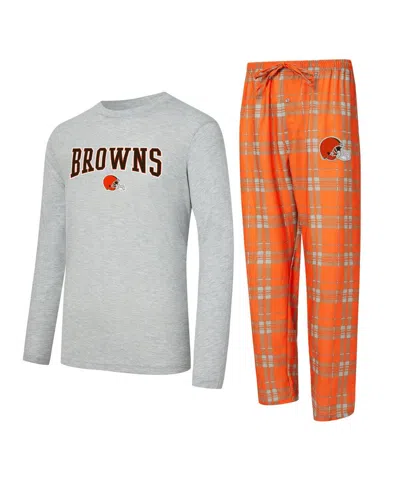 Concepts Sport Men's 2-piece Orange/gray Cleveland Browns Regulate Long Sleeve T-shirt And Plaid Pant Set