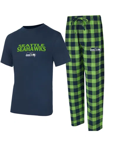 Concepts Sport Men's College Navy/neon Green Seattle Seahawks Avondale T-shirt And Flannel Pants Set In Blue