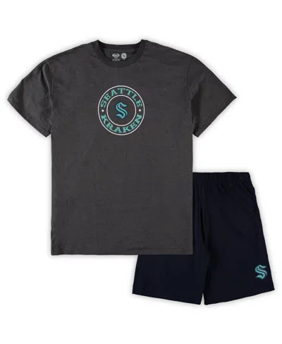 CONCEPTS SPORT MEN'S CONCEPTS SPORT DEEP SEA BLUE, HEATHERED CHARCOAL SEATTLE KRAKEN BIG AND TALL T-SHIRT AND SHORT