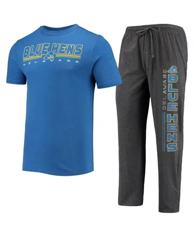 Concepts Sport Men's  Heathered Charcoal And Royal Delaware Fightin' Blue Hens Meter T-shirt And Pant In Heathered Charcoal,royal