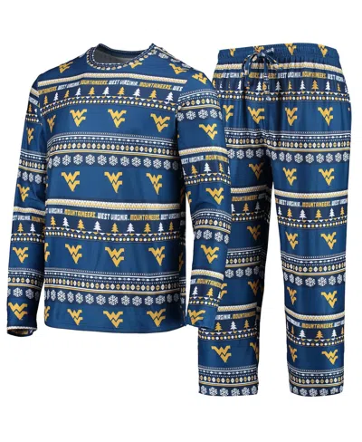 CONCEPTS SPORT MEN'S CONCEPTS SPORT NAVY WEST VIRGINIA MOUNTAINEERS UGLY SWEATER LONG SLEEVE T-SHIRT AND PANTS SLEE