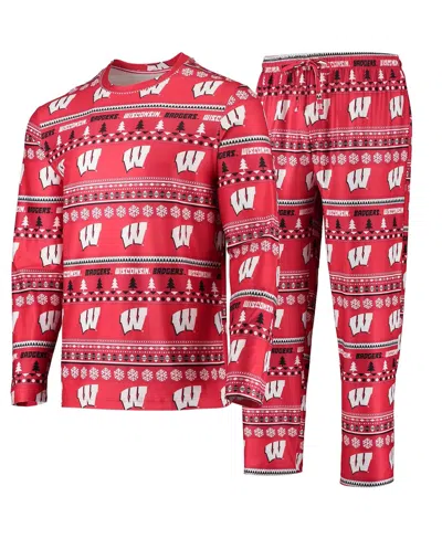 CONCEPTS SPORT MEN'S CONCEPTS SPORT RED WISCONSIN BADGERS UGLY SWEATER LONG SLEEVE T-SHIRT AND PANTS SLEEP SET