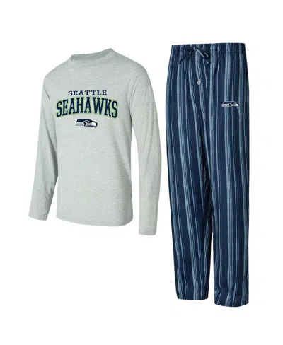 Concepts Sport Men's Seattle Seahawks Petition Long Sleeve T-shirt Pants Sleep Set In Navy,heather Gray
