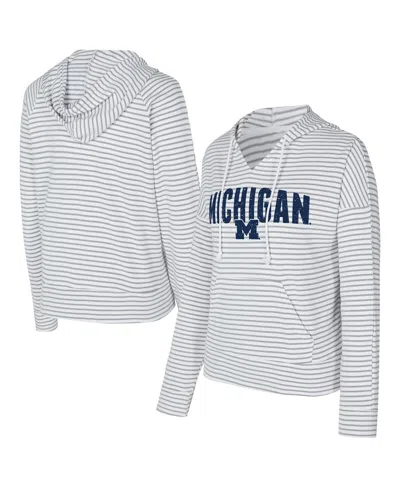Concepts Sport Men's White/gray Michigan Wolverines French Terry Striped V-neck Pullover Hoodie In Multi