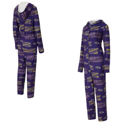 Concepts Sport Purple Baltimore Ravens Roadway Allover Print Microfleece Full-zip Union Suit In Brown