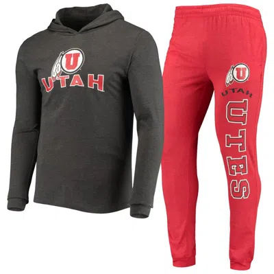 Concepts Sport Men's  Red, Charcoal Utah Utes Meter Long Sleeve Hoodie T-shirt And Jogger Pants Sleep In Red,charcoal