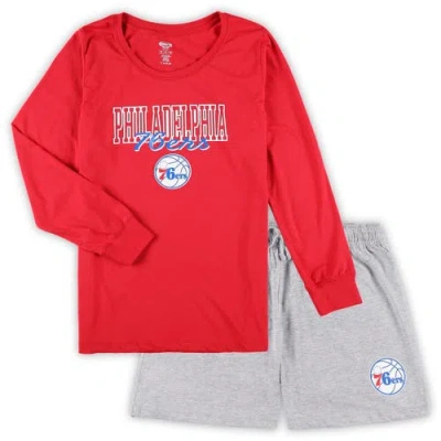 Concepts Sport Red/heather Gray Philadelphia 76ers Plus Size Long Sleeve T-shirt And Shorts Sleep Se In Multi