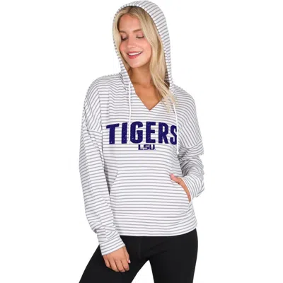 Concepts Sport White/gray Lsu Tigers French Terry Striped V-neck Pullover Hoodie