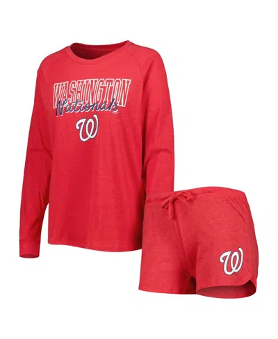 Concepts Sport Women's 2-pack Heather Red Washington Nationals Meter Knit Raglan Long Sleeve Top Shorts And Sleep S