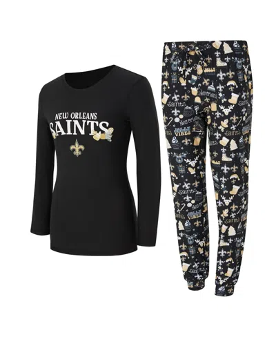 Concepts Sport Women's 2-piece Black New Orleans Saints Chestnut Long Sleeve T-shirt And Pants Sleep Set