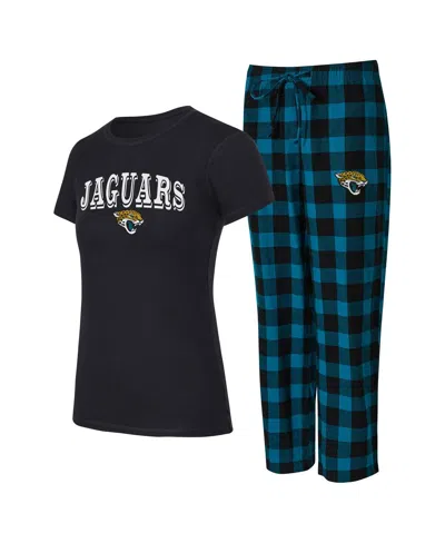 Concepts Sport Women's 2-piece Black/teal Jacksonville Jaguars Avondale T-shirt And Pants Flannel Pj Set In Multi