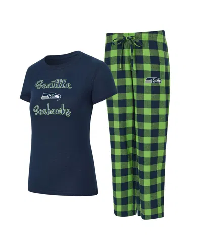Concepts Sport Women's 2-piece College Navy/neon Green Seattle Seahawks Plus Avondale T-shirt And Pants Flannel Pj  In Multi