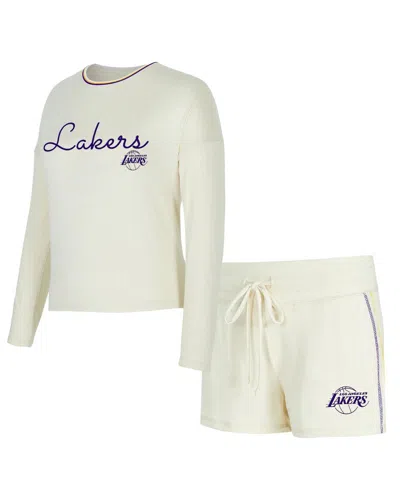 Concepts Sport Women's 2-piece Cream Los Angeles Lakers Kaki Hacci Knit Long Sleeve Top And Shorts Set In White