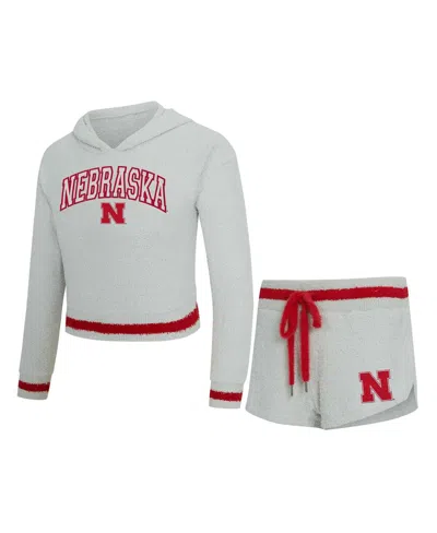 Concepts Sport Women's 2-piece Gray/scarlet Nebraska Huskers Whitley Long Sleeve Hoodie Top And Shorts Set In White