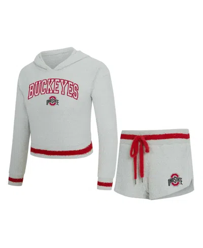 Concepts Sport Women's 2-piece Gray/scarlet Ohio State Buckeyes Whitley Long Sleeve Hoodie Top And Shorts Set In White