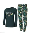 Concepts Sport Women's 2-piece Green Bay Packers Chestnut Long Sleeve T-shirt And Pants Sleep Set In Green